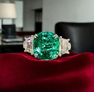 6.50 Ct Cushion Green Emerald & Lab Grown Diamond Wedding Ring 14K White Gold - Picture 1 of 8