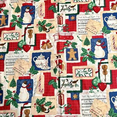 Vintage Fabric Traditions 2300 Holly Snowman Bells Fabric Christmas 1.5 Yards - Image 1 of 4