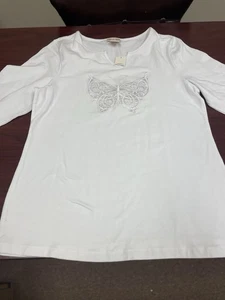 Toffee & Apple Womens XXL White Top W/ Embroidered  Butterfly NWT Cracker Barrel - Picture 1 of 8
