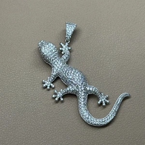 Men's Sterling Silver Lizard Hip Hop Pendant Micro Pave CZ Stones 11g 6mm Bail - Picture 1 of 8