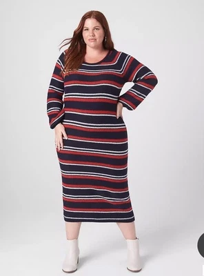 NEW LANE BRYANT BLACK AND WHITE LONG PUFF SLEEVE STRIPED SWEATER DRESS SZ 22/24 - Изображение 1 из 4