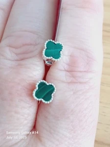 Malachite Quatrefoil Earrings Sterling Silver NEW - Picture 1 of 6