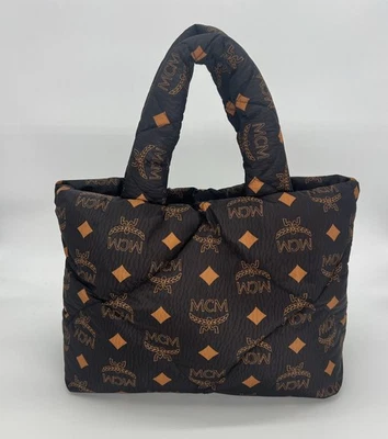 Authentic MCM Puffy Quilted Tote Bag Black Cognac Visetos Logo NWT Italy  - Image 1 of 4
