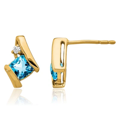 10K Solid Yellow Gold Cushion-Cut Swiss Blue Topaz Diamond Studs Earrings - Image 1 of 4