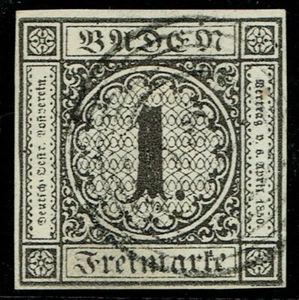 Baden 1853 SG8 1k Black/White 4m Numeral Cancel Fine Used Cat. £44.00 - Picture 1 of 1