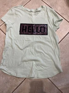 Girls Old Navy Green Pink Sequins Flip Up Love Hello Shirt-14-XL- Nice - Picture 1 of 9
