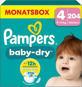 Pampers Baby-Dry Größe 4, 204 Windeln, 9kg-14kg, Bis zu 100% Auslaufschutz - Bild 1 von 13