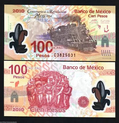 MEXICO 100 PESOS P-128 2010 COMMEMORATIVE POLYMER TRAIN 100 ANY REVOLUTION NOTE - Image 1 of 3