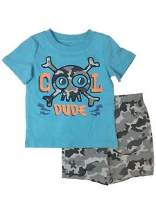 Toddler Boys Cool Dude Outfit Skull & Crossbones Shirt & Camo Shorts Set - Picture 1 of 1