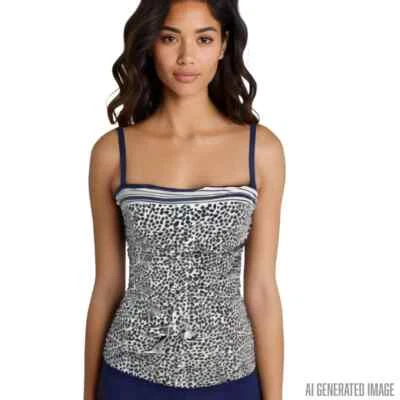 La Blanca Navy White Dotted Convertible Tankini Swim Top Size 10 Tummy Control - Image 1 of 4