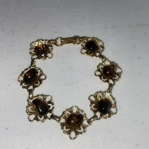 Clear Dark Quartz Bracelet Tumbled Stone Polished Gold Tone Setting 8” Unsigned - Picture 1 of 5