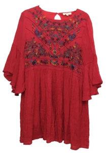 Umgee Women's Red Bell Sleeve Embroidered Mini Babydoll Dress Boho Size XL - Picture 1 of 8