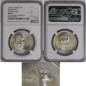 TAGGED EAR 1966 SILVER 1 rand MS 61 ngc south africa AFRIKAANS R1 UNCIRCULATED 9 - Picture 1 of 4