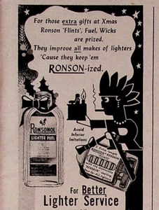 Encendedor Ronson Redskin 1944 accesorios pedernal mechas de combustible anuncio impreso vintage años 40 - Imagen 1 de 2