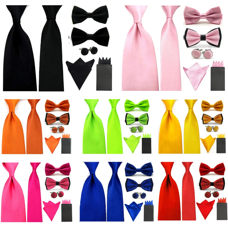 7 PCS Men Satin 5cm Tie 8cm Necktie Bowties Hanky Pocket Square Cufflinks Set - Image 1 of 1