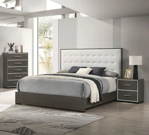 3pc Brown Finish Gray Upholstered King Bed Nightstand Chest Wooden Bedroom Set - Picture 1 of 10