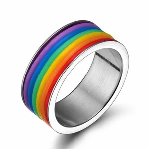 Striped Rainbow Ring Gay Lesbian Men Pride Ring Stainless Steel Band Jewelry - Picture 1 of 8