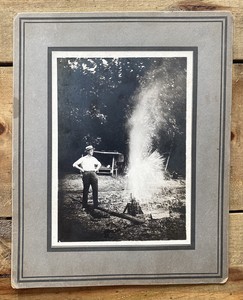Antique 1910s 20s Cabinet Photo Satisfied Man Blowing Stuff Up Unusual 8 x 10”