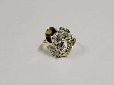 14k Vintage Yellow Gold Round Diamonds Free Form Ladies Ring Size 6.5 - Image 1 of 4