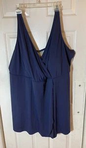 Size 34W Swimsuit Swim 365 1-Piece Solid Navy Blue V-Neck Full Skirt Overlay - Picture 1 of 10