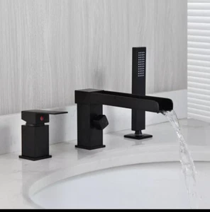 3PCS Black Bathroom Faucet Waterfall Spout Mixer Handheld Sprayer Tub Brass Tap - Picture 1 of 9