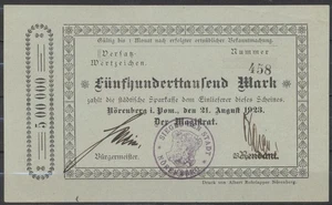Nörenberg Magistrat 500 Tausend Mark 1923 sehr leicht gebraucht mit Rendant - Bild 1 von 2