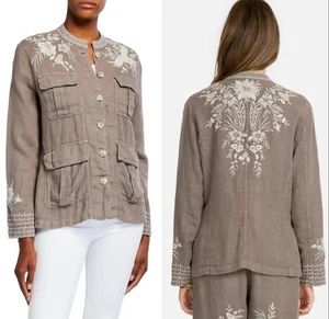 Johnny Was Workshop Oleander Linen Jacket Grey Safari Embroidered Women Medium - Picture 1 of 8