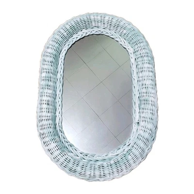 VTG Wicker Mirror White Oval WallAccent Coastal Bohemian Cottagecore Repainted - Image 1 of 4