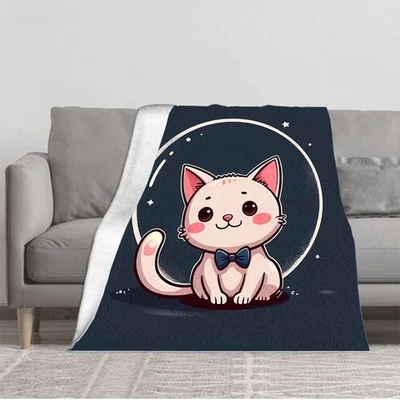  Flannel Blanket with Whimsical Cat Design - Soft Warm Perfect for Sofa Travel  - Image 1 of 4