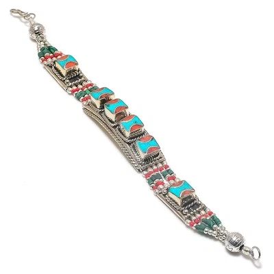 Pulsera Coral Rojo Turquesa Hecha a Mano Plata Tibetana Nepalí Joyería 7" NBB 2081 Foto 1 de 4