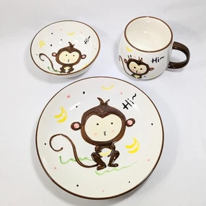 Original Kids Dinnerware Set Handmade Monkey Plate Bowl Mug/Cup Set Of 3 - Picture 1 of 17