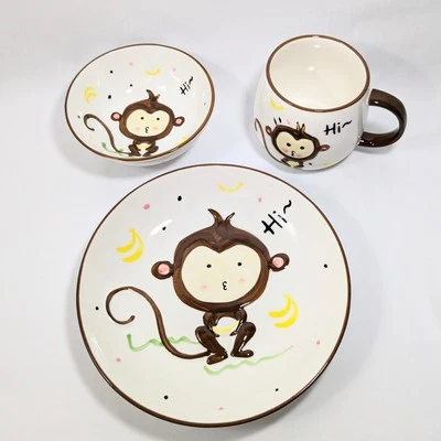 Kids Monkey Plate Set Handmade Dinnerware Plate Bowl Mug/Cup Set of 3 - Image 1 of 4