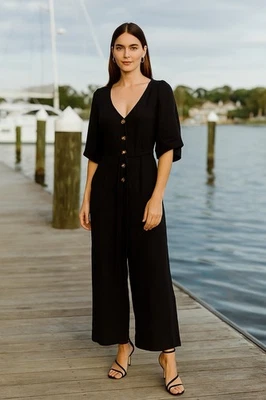 Mono Rachel Pally Melton Lino Pierna Ancha Mediano Negro Playa Lagenlook Preppy Foto 1 de 4