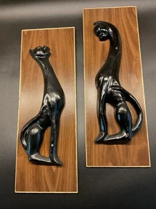 Vintage MCM Black Siamese Cats On Wood Plaques Wall Art 3D - Picture 1 of 12