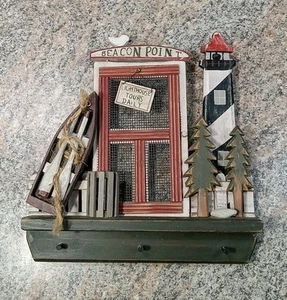 Seafaring Rustic Folk Art Wooden Wall Art Key Hook Hanger Lighthouse Lake Ocean - Picture 1 of 7
