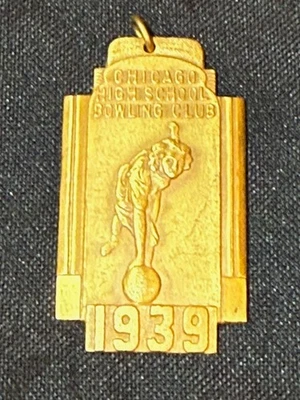 Vintage Gold Deco Bowling Medal Pendant 1939 - Rectangular - image 1 of 4