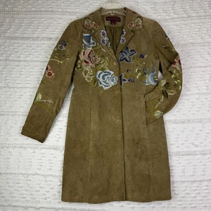 Abrigo para mujer Margaret Godfrey talla 6 gamuza cuero caqui floral pájaro bordado - Imagen 1 de 22