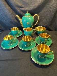 Vintage Arklow Green & Gold Harp Irish Tea Service 15 Piece Set Made in Ireland - Picture 1 of 23
