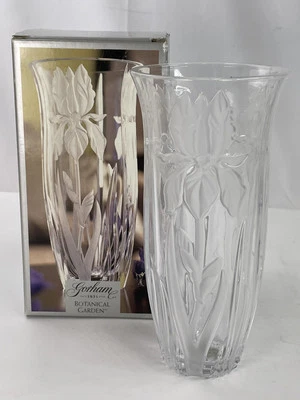 Gorham Botanical Garden Vase Iris Flower 10" Vtg Lead Crystal Etched Frosted NEW - Image 1 of 4