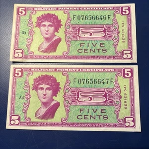 (2) 5c Military Payment Certificates SERIES 541 Consecutive Serial Numbers - Picture 1 of 2