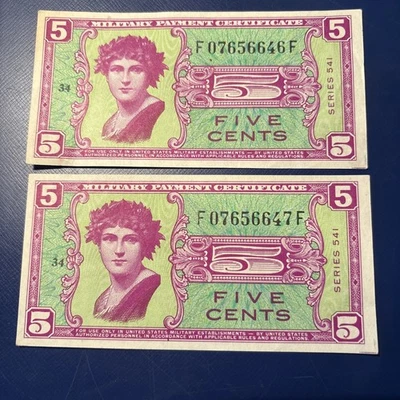 (2) 5c Military Payment Certificates SERIES 541 Consecutive Serial Numbers - Image 1 of 2