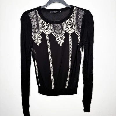 Vertigo Lace Print Sheer Panel Sweater Size S Classic Dark Academia Whimsygoth - Image 1 of 4