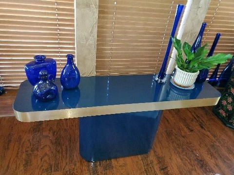 Vintage Mid-Century Modern Electric Blue Sofa or Console Table Brass Trim Cover
