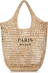 Natural Raffia Knit Tote Bag Embroidered ‘Paris Milano’ Hobo Beach Bag Handbag - Picture 1 of 12