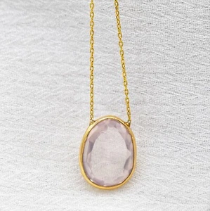 Naturale Love Quarzo Rosa Decorato Pendente Ovale 10kt Oro Giallo Minimalista - Foto 1 di 6