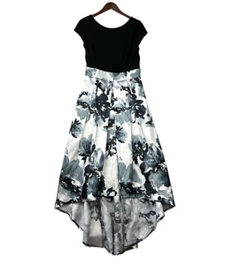 Marina Womens Maxi Gown Dress 10 Black White Short Sleeve Pleated Floral Graphic - Picture 1 of 22