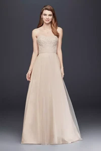 David's Bridal Size 12 Strapless A-Line Lace Tulle Wedding Dress Ivory/Champagne - Picture 1 of 11