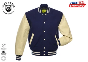 Premium Quality Men's Navy Wool/natural Leather Varsity Jacket with Cream Trim - Picture 1 of 5