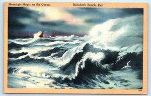 POSTKARTE Mondschein Magie auf dem Ozean Rehoboth Strand Delaware Leinen - Bild 1 von 2