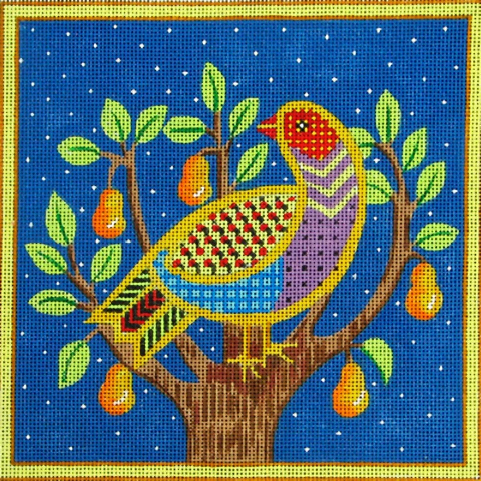Needlepoint Handpainted Amanda Lawford Christmas Partridge Pear 7x7 - Image 1 of 1